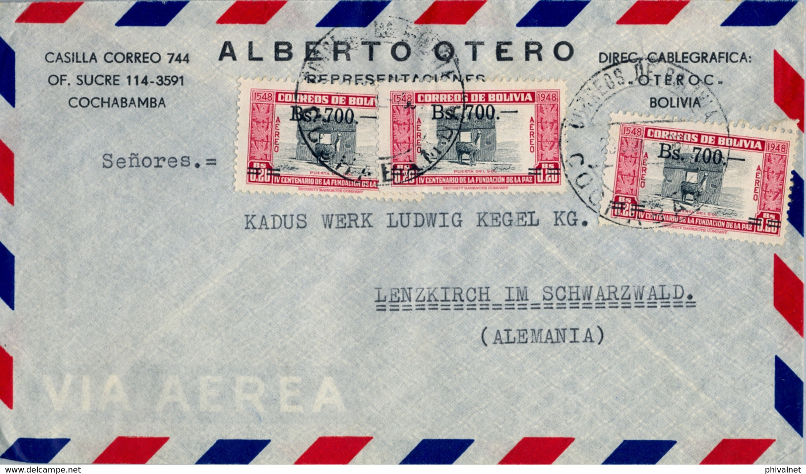 BOLIVIA , SOBRE CIRCULADO ENTRE COCHABAMBA Y LENZKIRCH , CORREO AÉREO , IV CENT. DE LA FUNDACIÓN DE LA PAZ - Bolivie