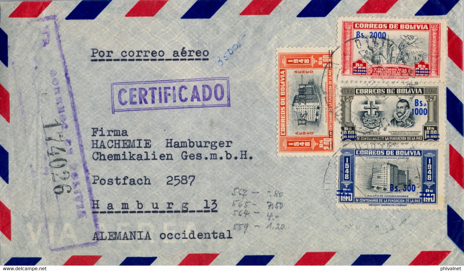 BOLIVIA , SOBRE CERTIFICADO ENTRE LA PAZ Y HAMBURGO , CORREO AÉREO , IV CENT. DE LA FUNDACIÓN DE LA PAZ - Bolivien