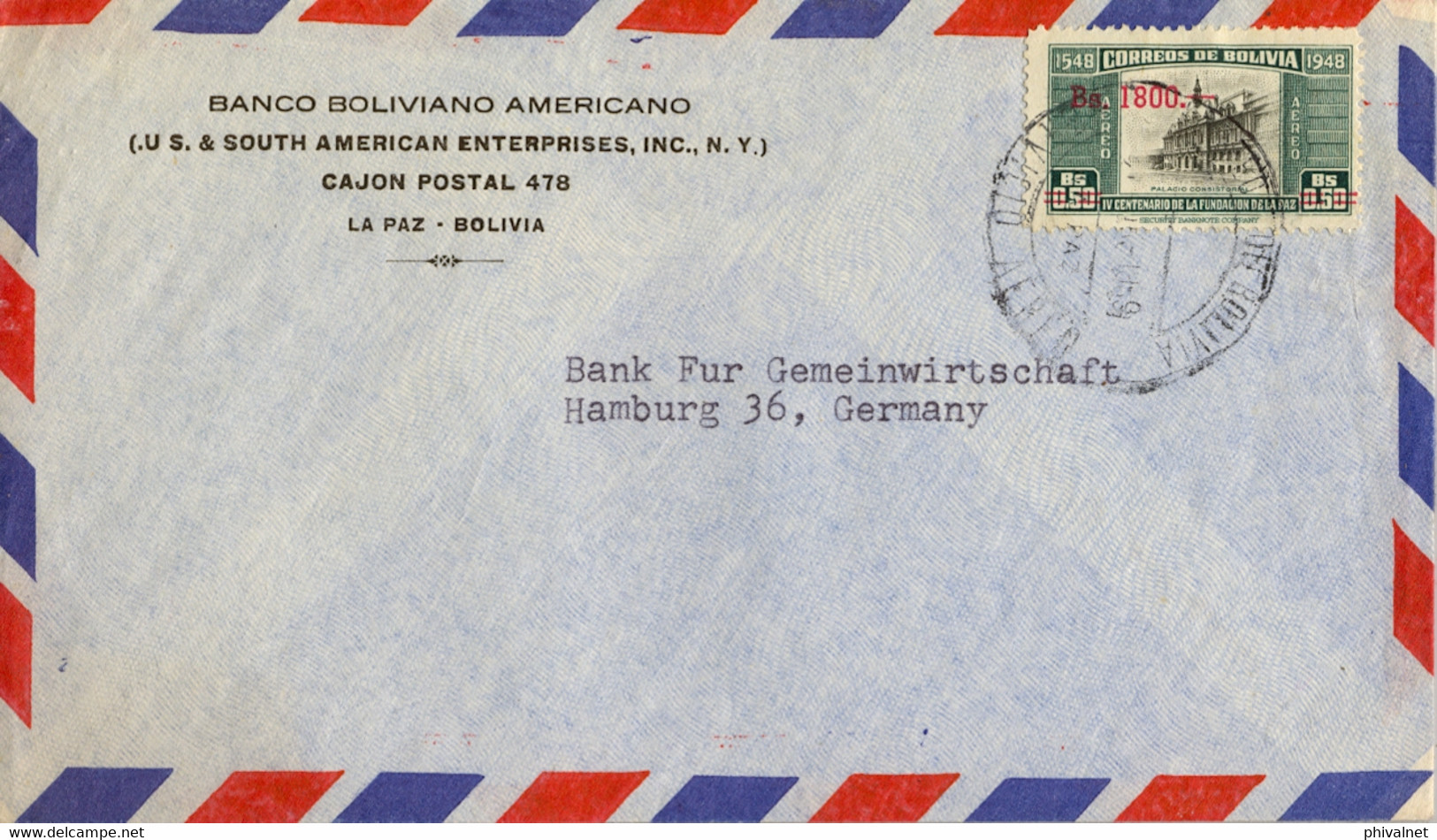 1959  BOLIVIA , SOBRE CIRCULADO LA PAZ - HAMBURGO , CORREO AÉREO , BANCO BOLIVIANO AMERICANO - Bolivie