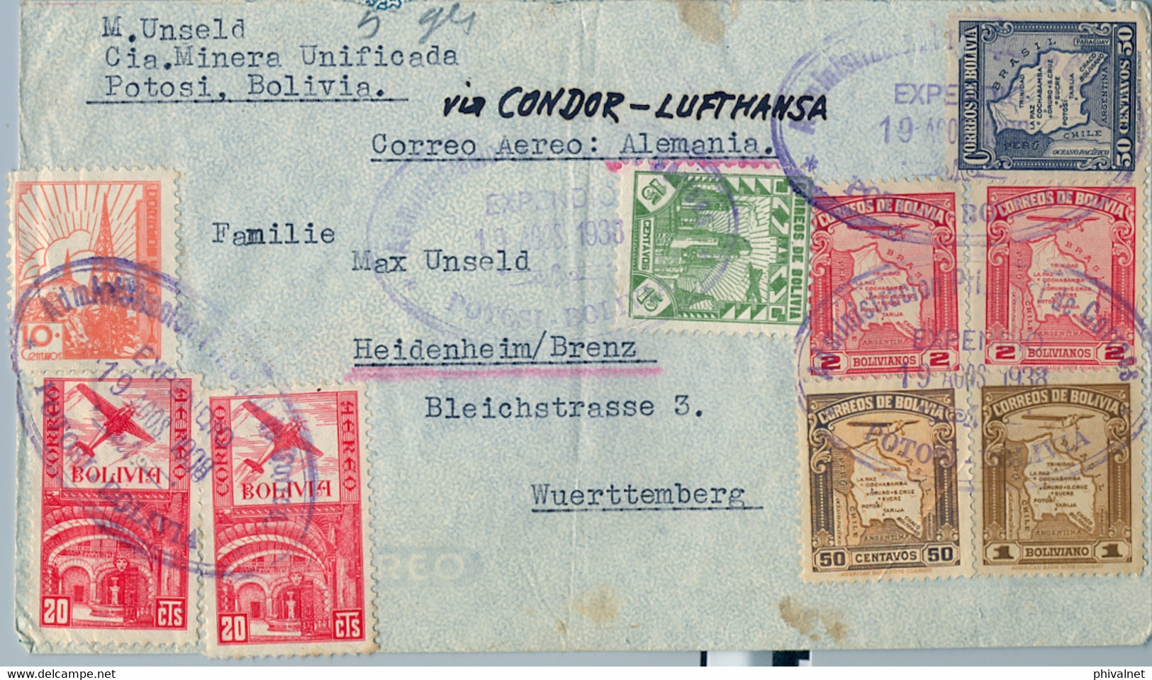 1938  BOLIVIA , SOBRE CIRCULADO ENTRE POTOSI Y WÜRTTEMBERG , VIA CÓNDOR - LUFTHANSA , MAGNÍFICO - Bolivie