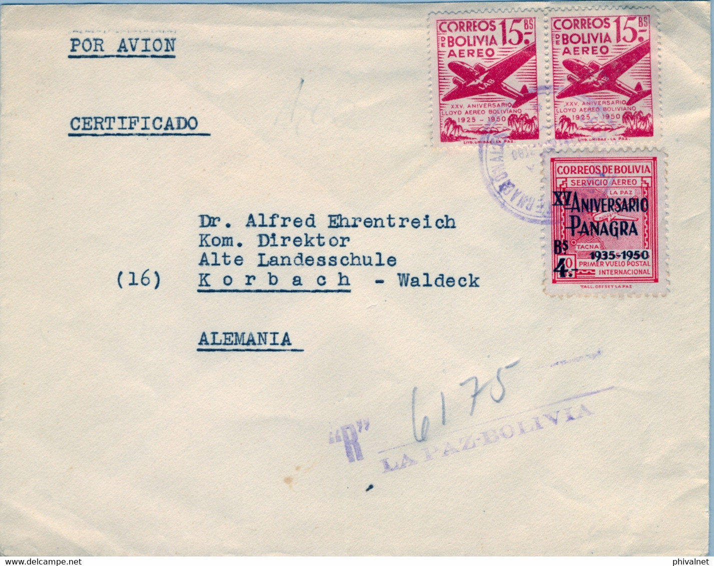 1951  BOLIVIA , SOBRE CERTIFICADO , LA PAZ - KORBACH , CORREO  AÉREO , LLEGADA , XV ANIV. PANAGRA , LLOYD AÉREO BOLIVIAN - Bolivien