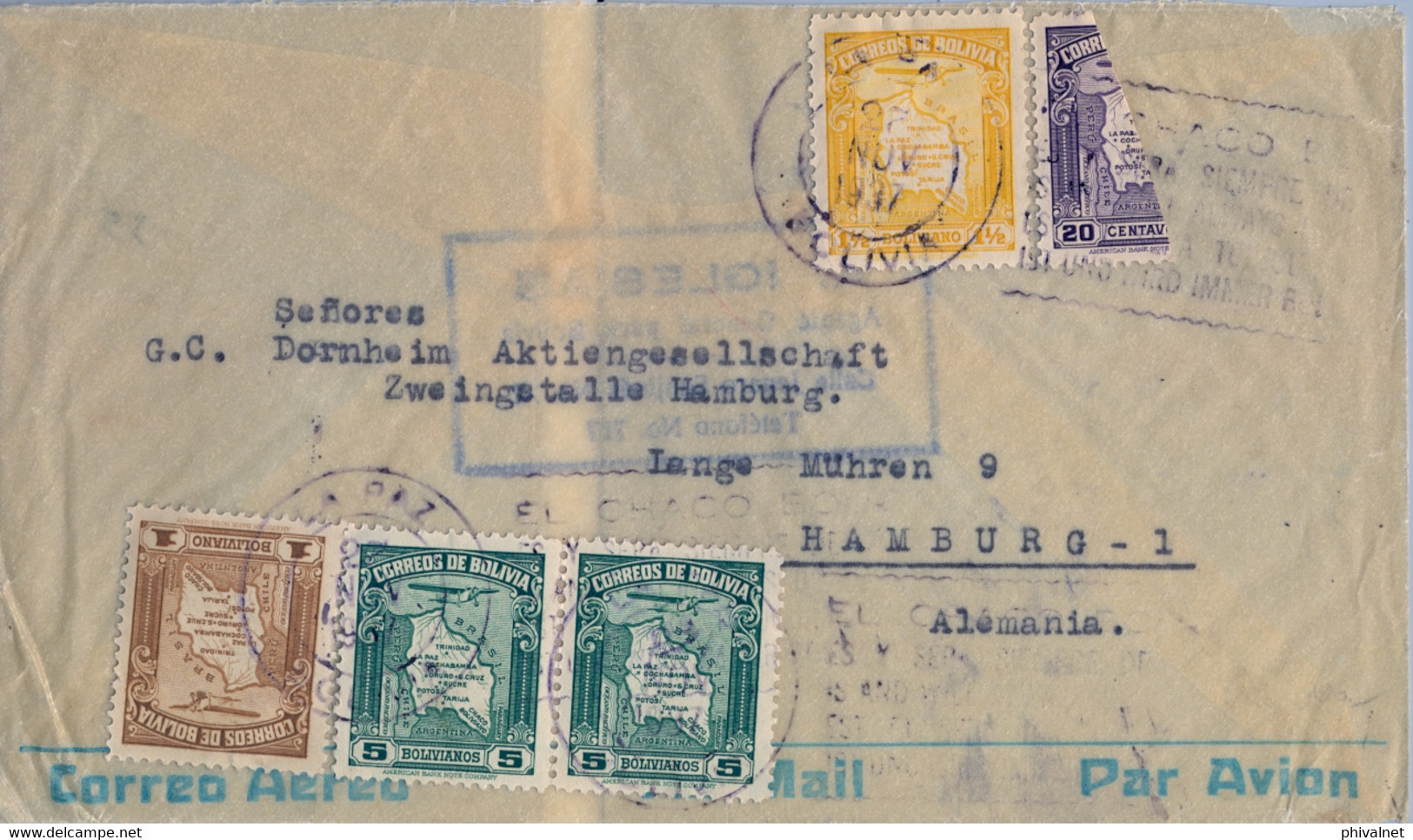 1937  BOLIVIA , SOBRE CIRCULADO , LA PAZ - HAMBURGO , CORREO AÉREO , UN VALOR BISECTADO , MAGNÍFICO - Bolivie