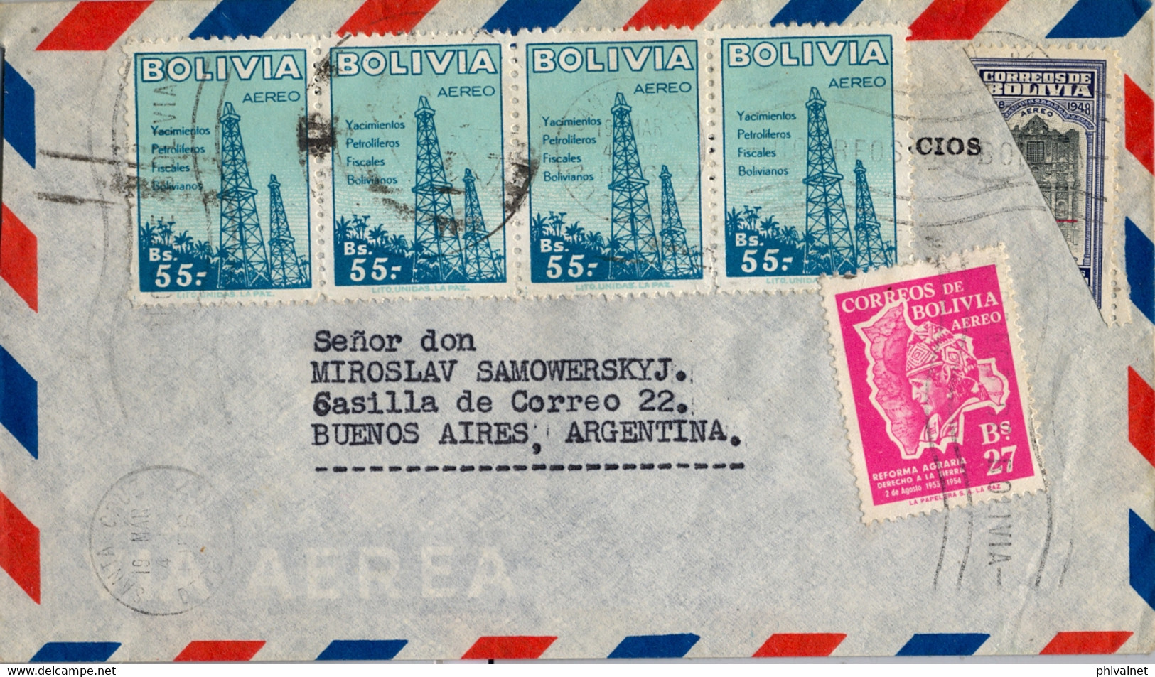 1956  BOLIVIA , SOBRE CIRCULADO , SANTA CRUZ - BUENOS AIRES , LLEGADA , UN VALOR BISECTADO , PETROLEO , OIL - Bolivien