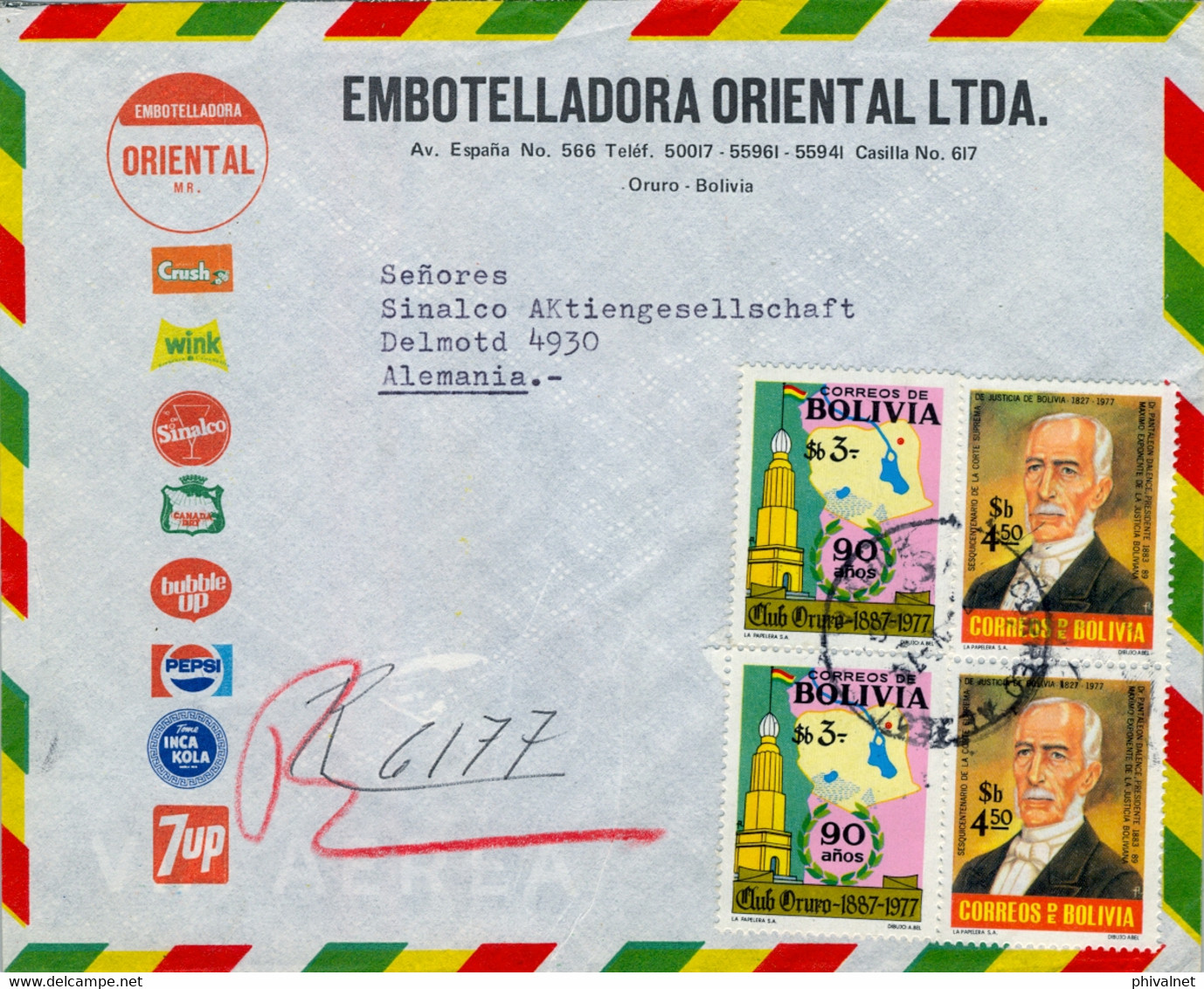 1978  BOLIVIA , SOBRE CIRCULADO , ORURO - DELMOTD , EMBOTELLADORA ORIENTAL , PEPSI , SINALCO , CRUSH , 7UP - Bolivie