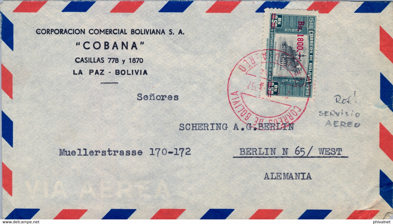 1957 BOLIVIA , SOBRE CIRCULADO , LA PAZ / SERVICIO AÉREO - BERLIN , FUNDACIÓN DE LA PAZ - Bolivien