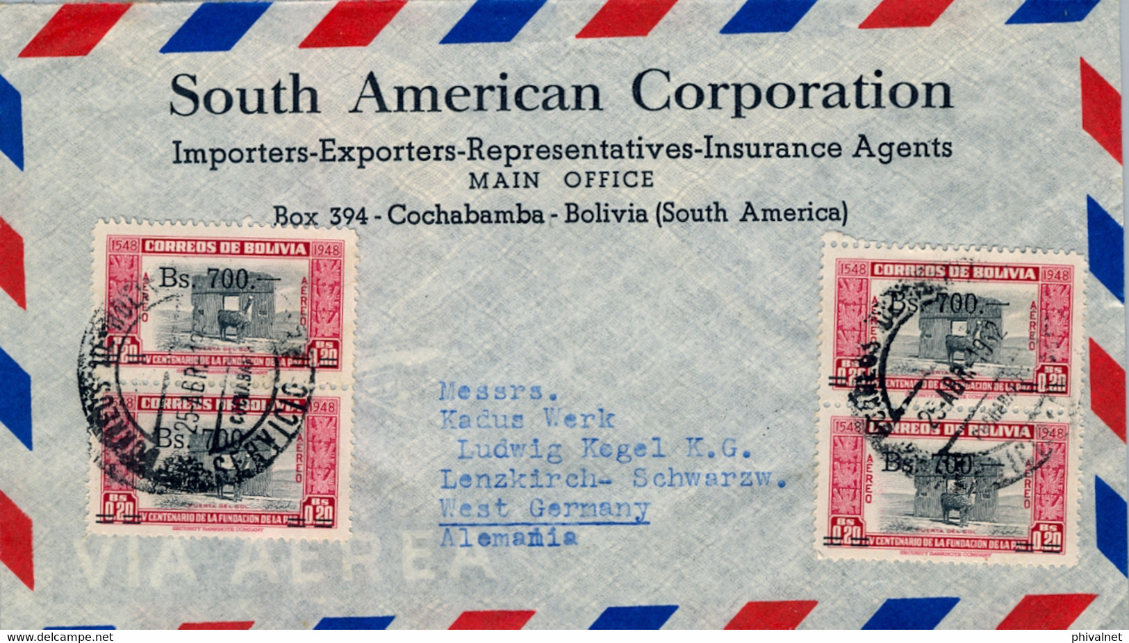 1952 BOLIVIA , SOBRE CIRCULADO , COCHABAMBA / SERVICIO AÉREO - LENZKIRCH , CORREO AÉREO , FUNDACIÓN DE LA PAZ - Bolivië