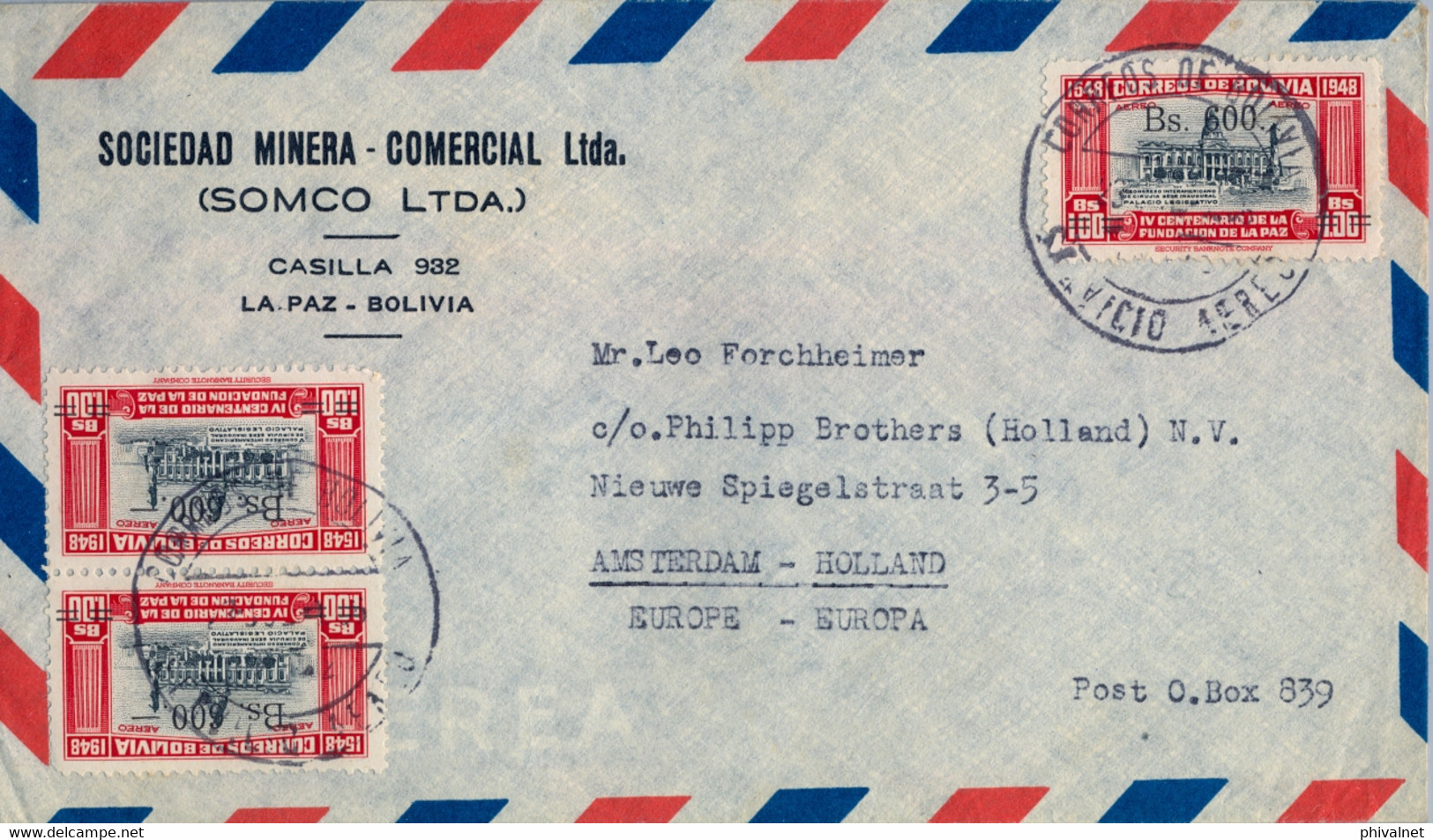 BOLIVIA , SOBRE CIRCULADO , LA PAZ - AMSTERDAM, CORREO AÉREO , FUNDACIÓN DE LA PAZ - Bolivia