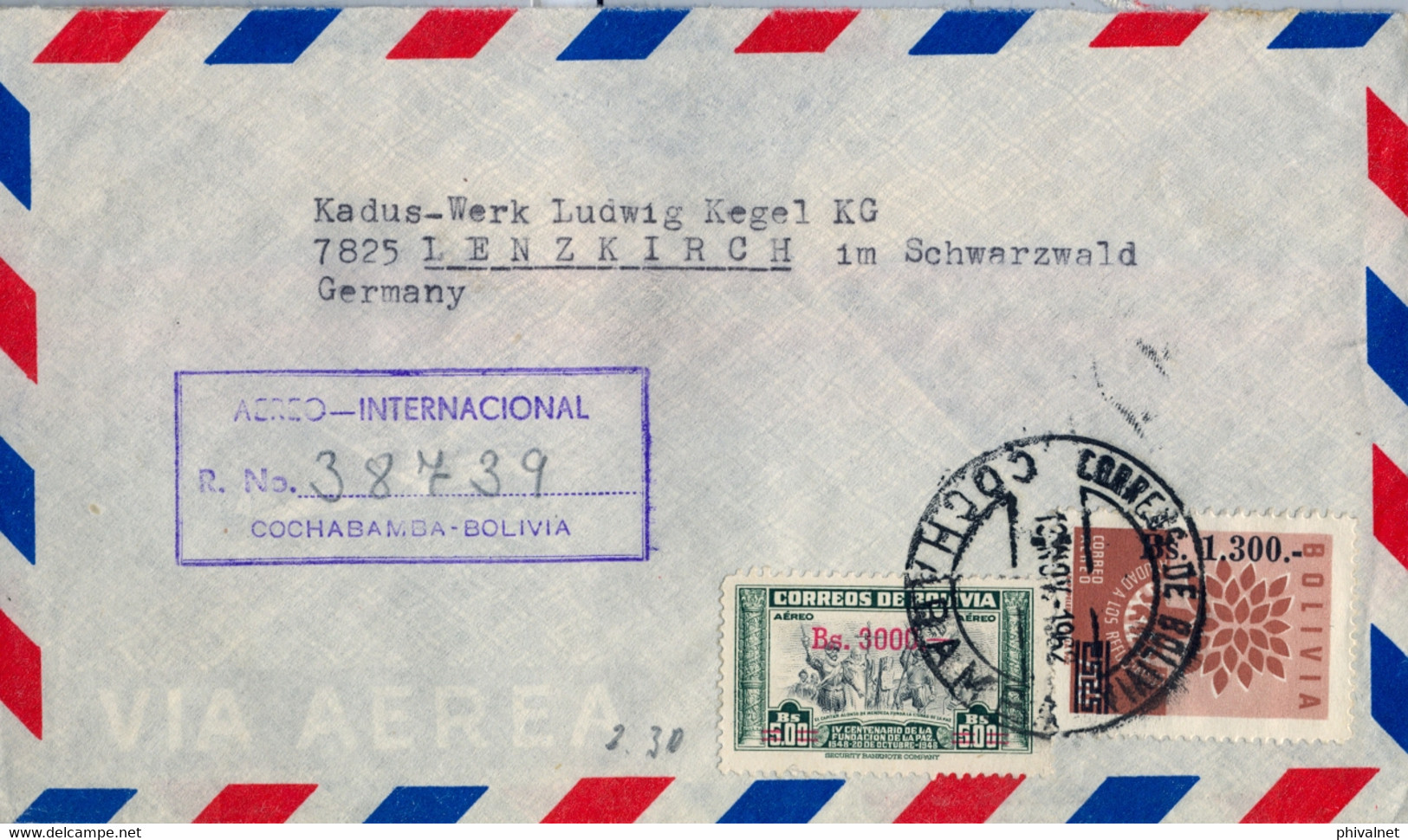 1962  BOLIVIA , SOBRE CERTIFICADO , COCHABAMBA - LENZKIRCH , CORREO AÉREO - Bolivië