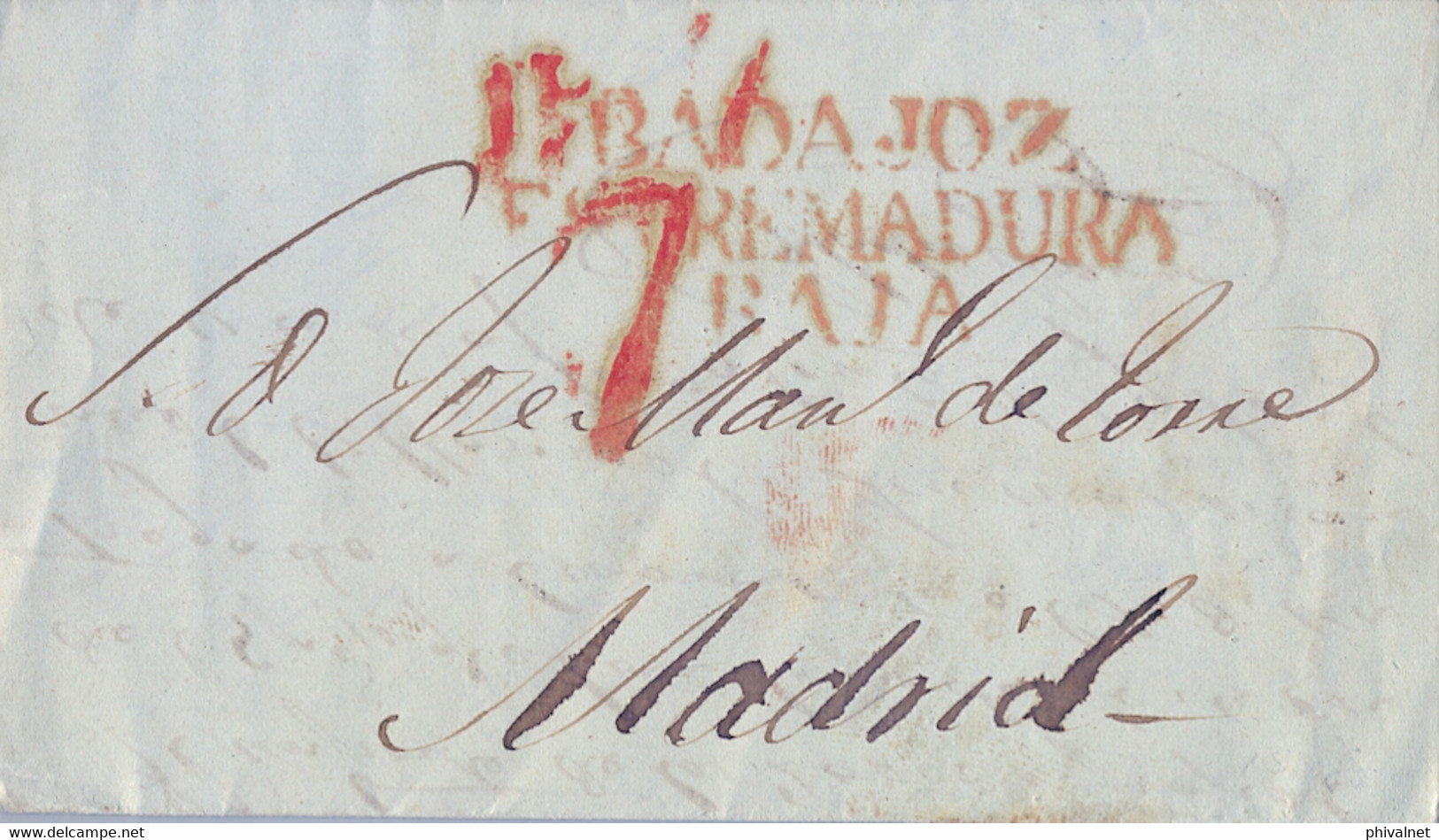 1842 BADAJOZ , CARTA CIRCULADA A MADRID , MARCA PREFILATÉLICA EN ROJO " BADAJOZ / EXTREMADURA BAJA " - ...-1850 Voorfilatelie