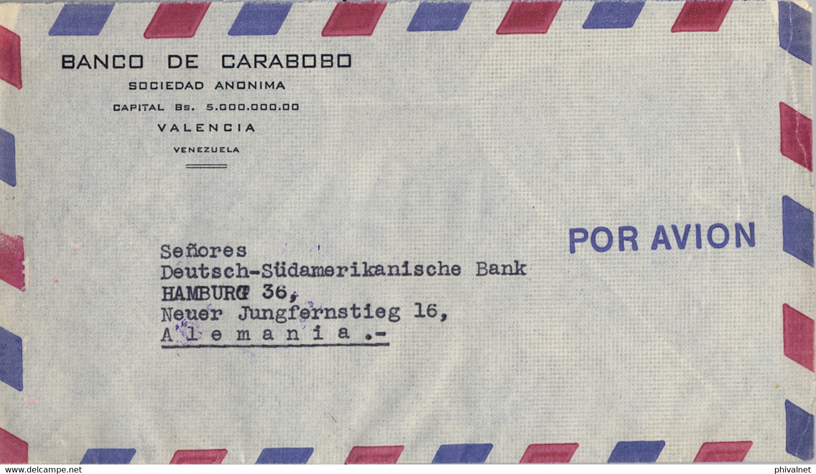 1953 , VENEZUELA , SOBRE CIRCULADO ENTRE VALENCIA Y HAMBURGO , BANCO DE CARABOBO , FR. ESCUDOS - Venezuela