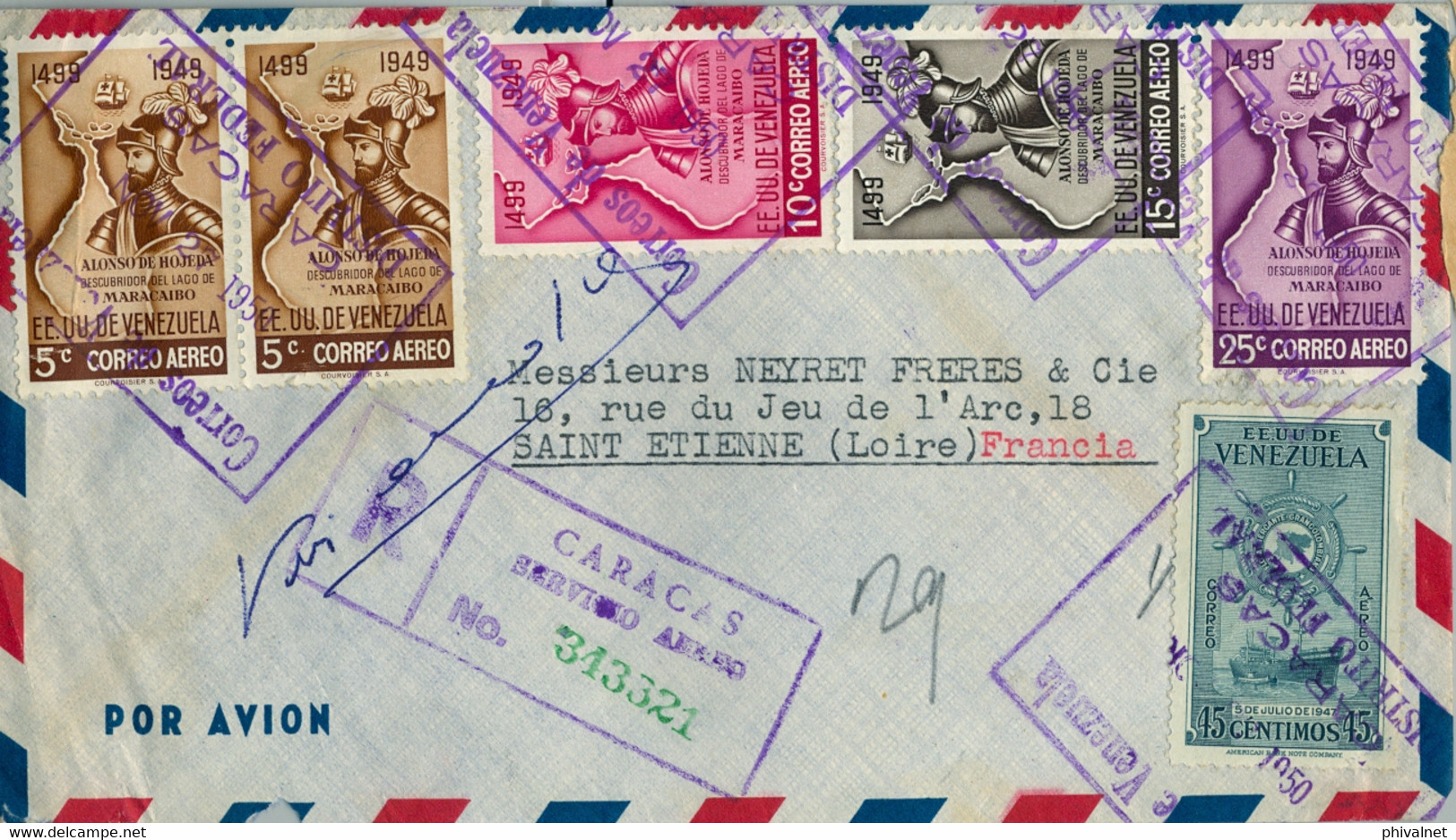 1950 VENEZUELA , SOBRE CERTIFICADO ENTRE CARACAS Y SAINT ETIENNE , CORREO AÉREO , FR. ALONSO DE HOJEDA - Venezuela