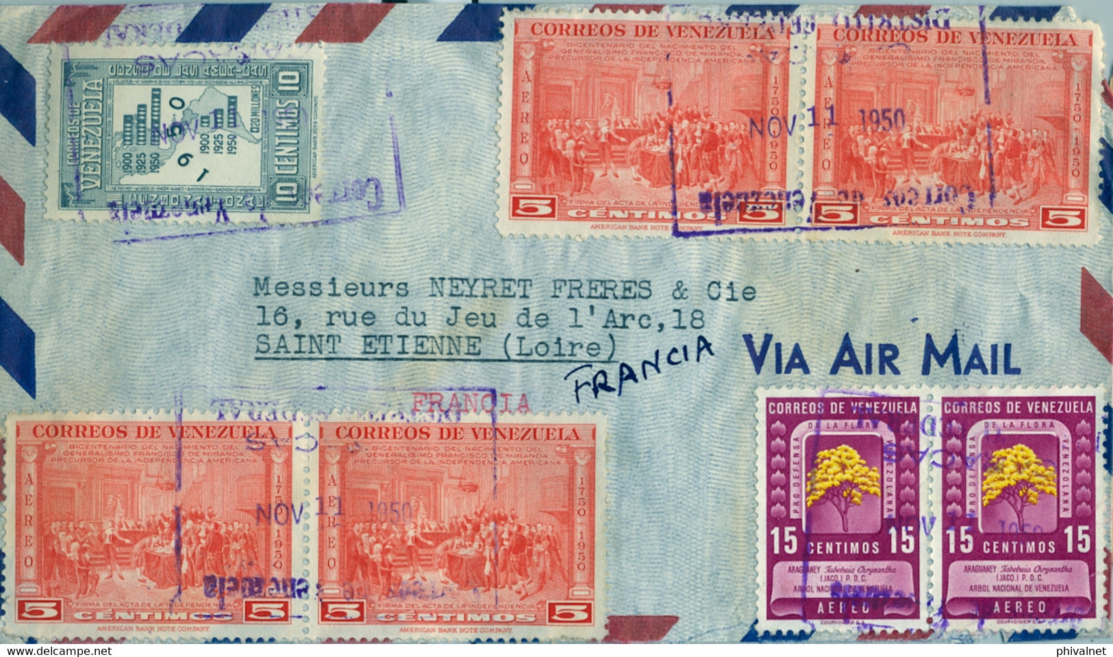 1950 VENEZUELA , SOBRE CIRCULADO ENTRE CARACAS Y SAINT ETIENNE , CORREO AÉREO - Venezuela