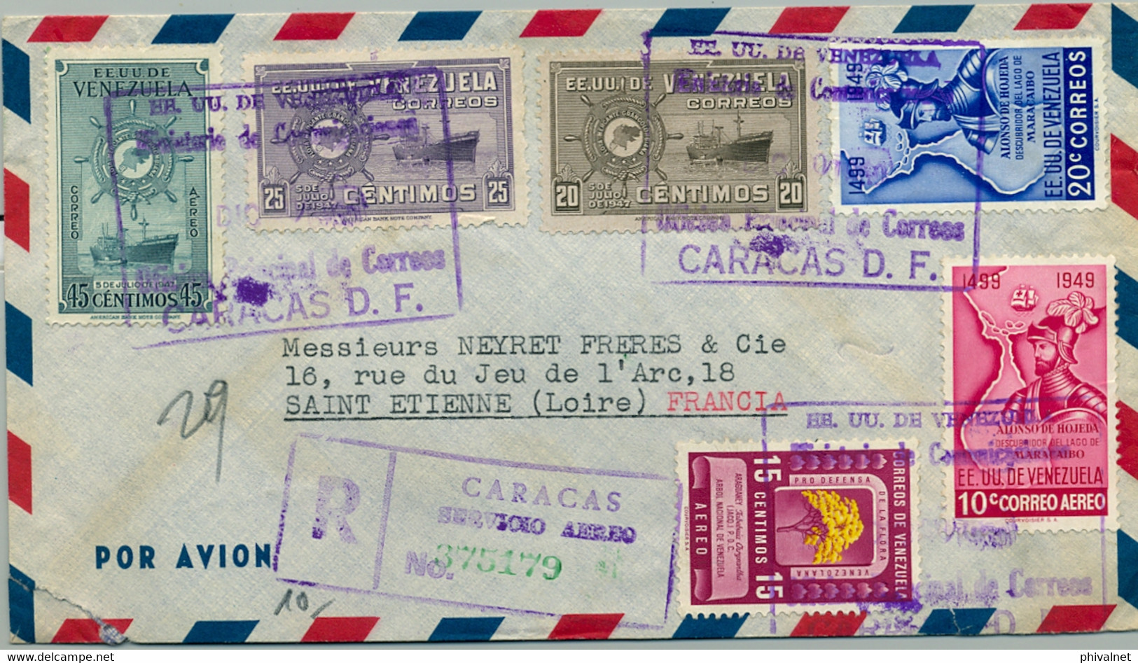 1950 VENEZUELA , SOBRE CERTIFICADO ENTRE CARACAS Y SAINT ETIENNE , CORREO AÉREO - Venezuela