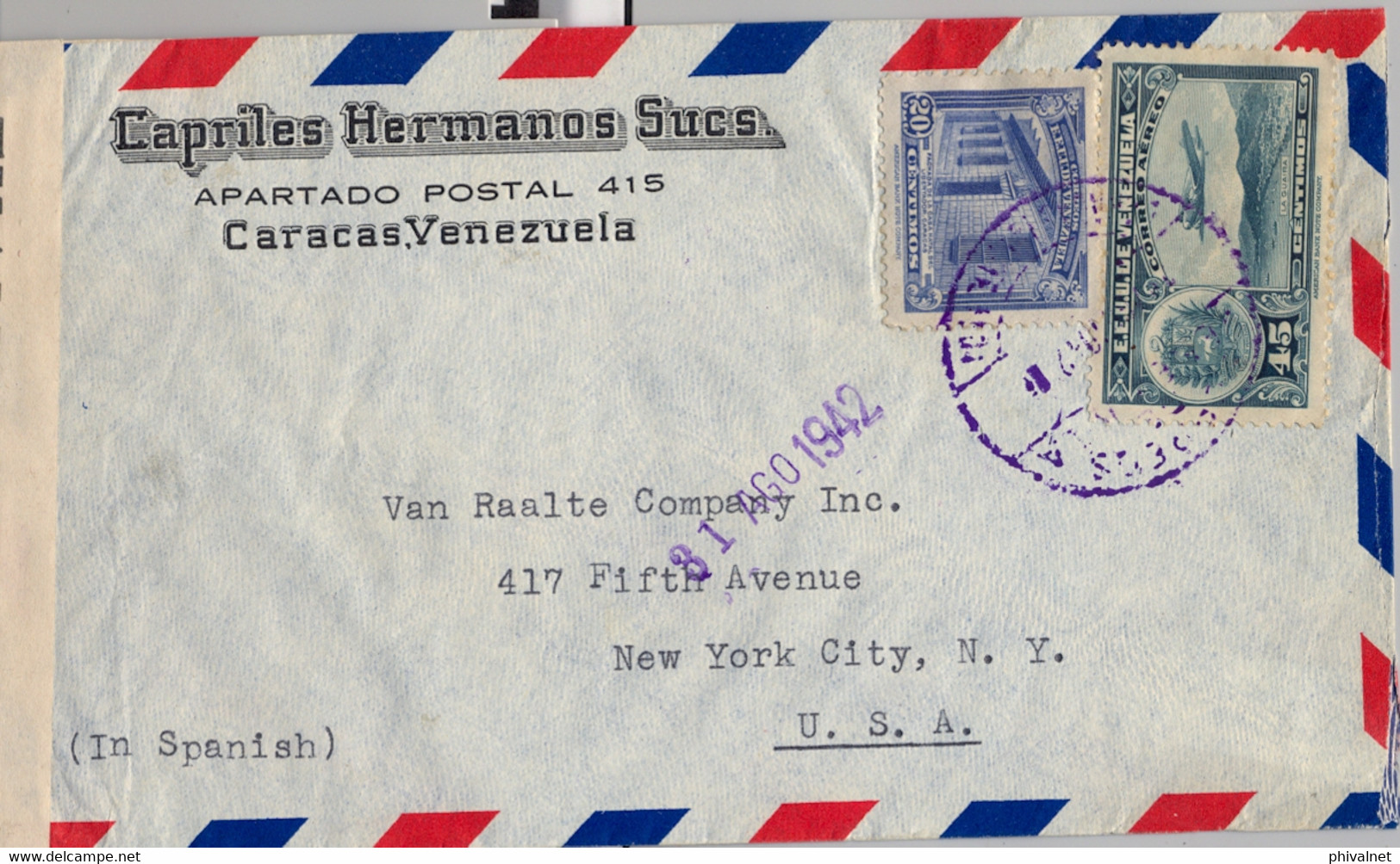 1942 VENEZUELA , SOBRE CIRCULADO ENTRE CARACAS Y NUEVA YORK , CORREO AÉREO , CENSURA - Venezuela