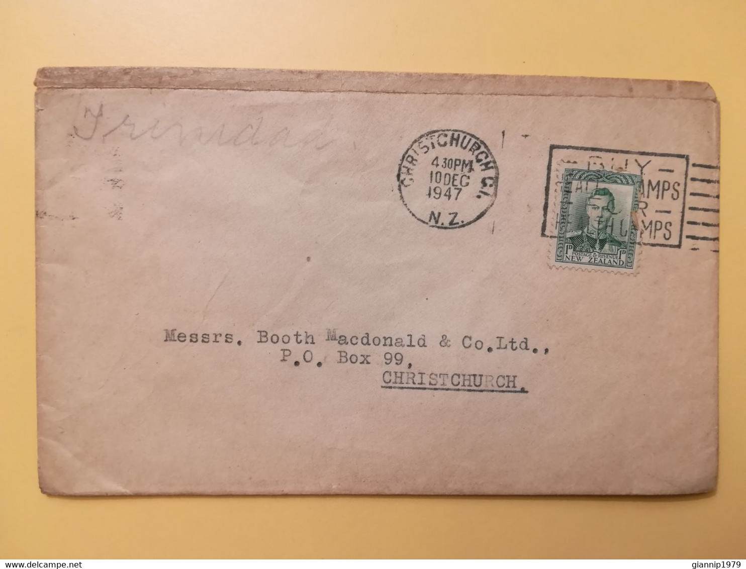 1947 BUSTA NUOVA ZELANDA NEW ZEALAND BOLLO RE GIORGIO KING GEORGE OBLITERE' CHRISTCHURCH - Cartas & Documentos