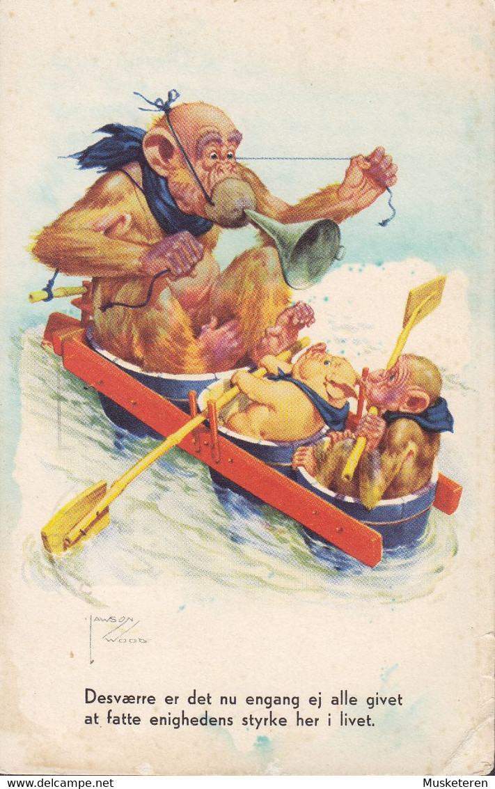 Denmak PPC LAWSON WOOD Artist Signed - Monkey & Pigs In A Rowing Boat Slogan AALBORG 1955 Stender No. 5041 (2 Scans) - Wood, Lawson