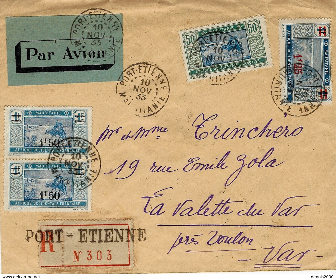 1933- Enveloppe RECC. Par Avion De PORT-ETIENNE  Affr. N° 53 X 4 - Briefe U. Dokumente