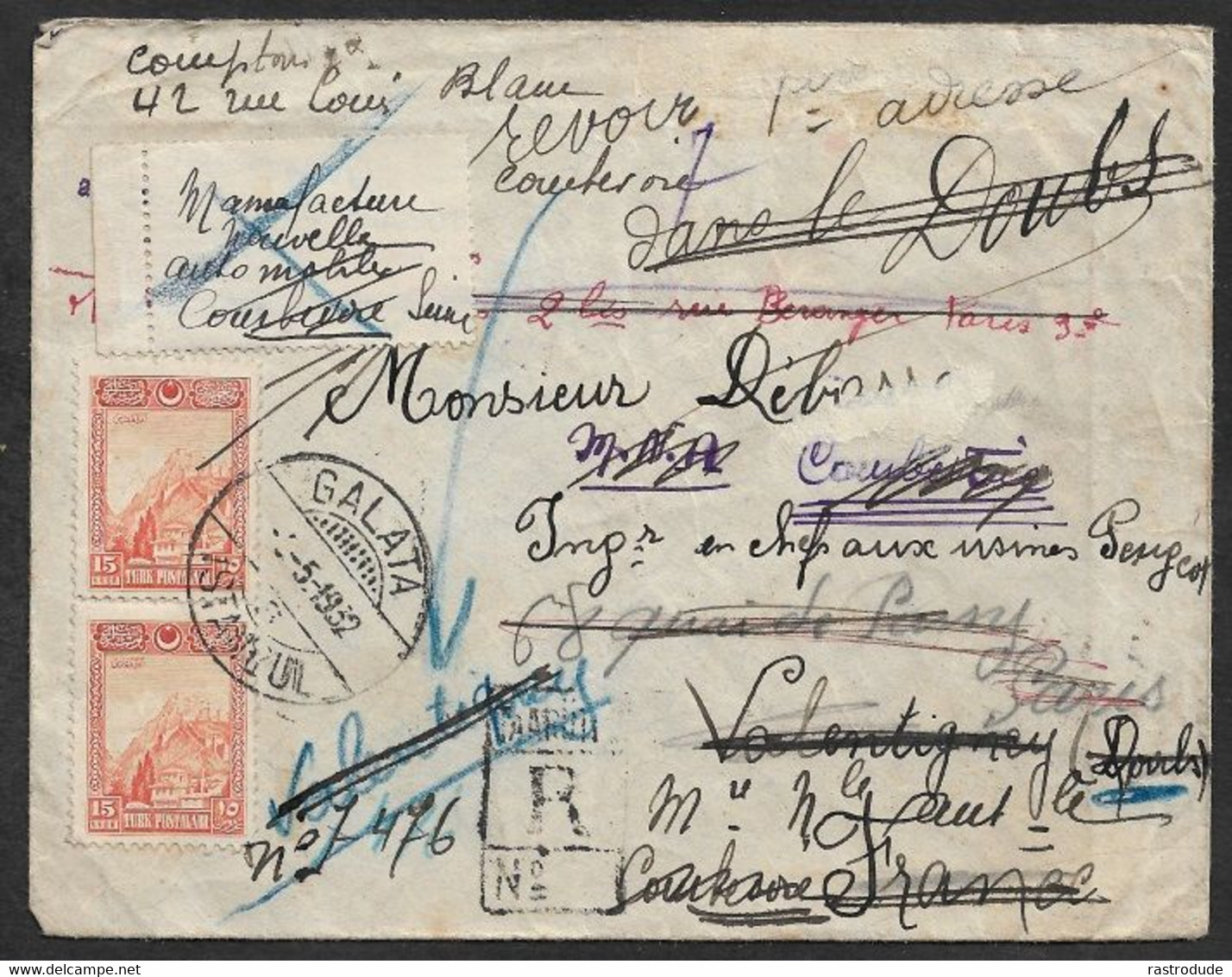 1932 TURKEY TURQUIE - REGISTERED Cover GALATA To FRANCE - 15 Gr Yv.704  REDIRECTED NUMEROUS TIMES - INCONNU - - Lettres & Documents