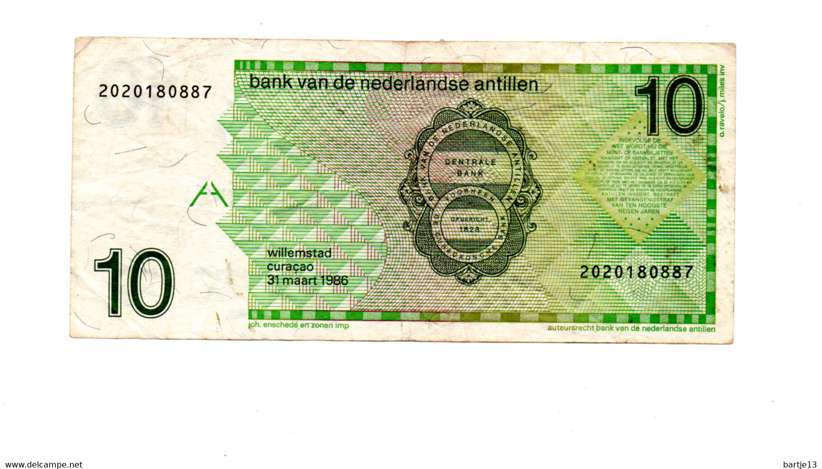 NEDERLANDSE ANTILLEN 10 GULDEN 31.3.1986 PICK 23 A CIRC. - Niederländische Antillen (...-1986)