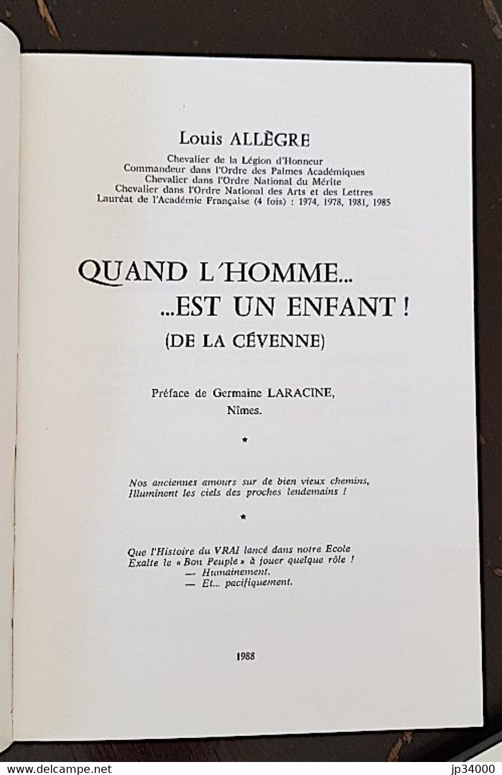 QUAND L'HOMME .. EST UN ENFANT (de La Cevenne) Par L. ALLEGRE.(1988) Languedoc - Languedoc-Roussillon