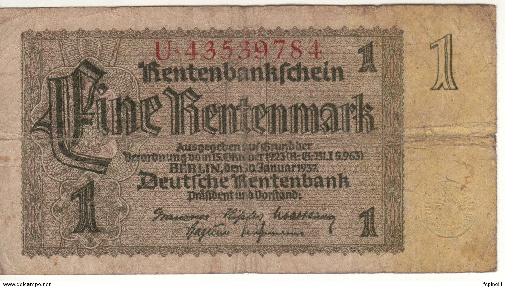 GERMANY  1 Rentenmark  P173b  Dated 20.1.1937   ( 8 Digit Serial  Corn Sheaf On Back ) - Other & Unclassified