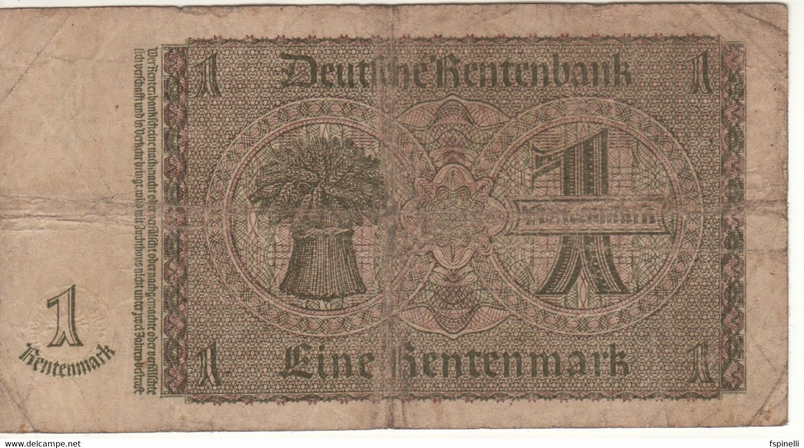 GERMANY  1 Rentenmark  P173b  Dated 20.1.1937   ( 8 Digit Serial  Corn Sheaf On Back ) - Sonstige & Ohne Zuordnung