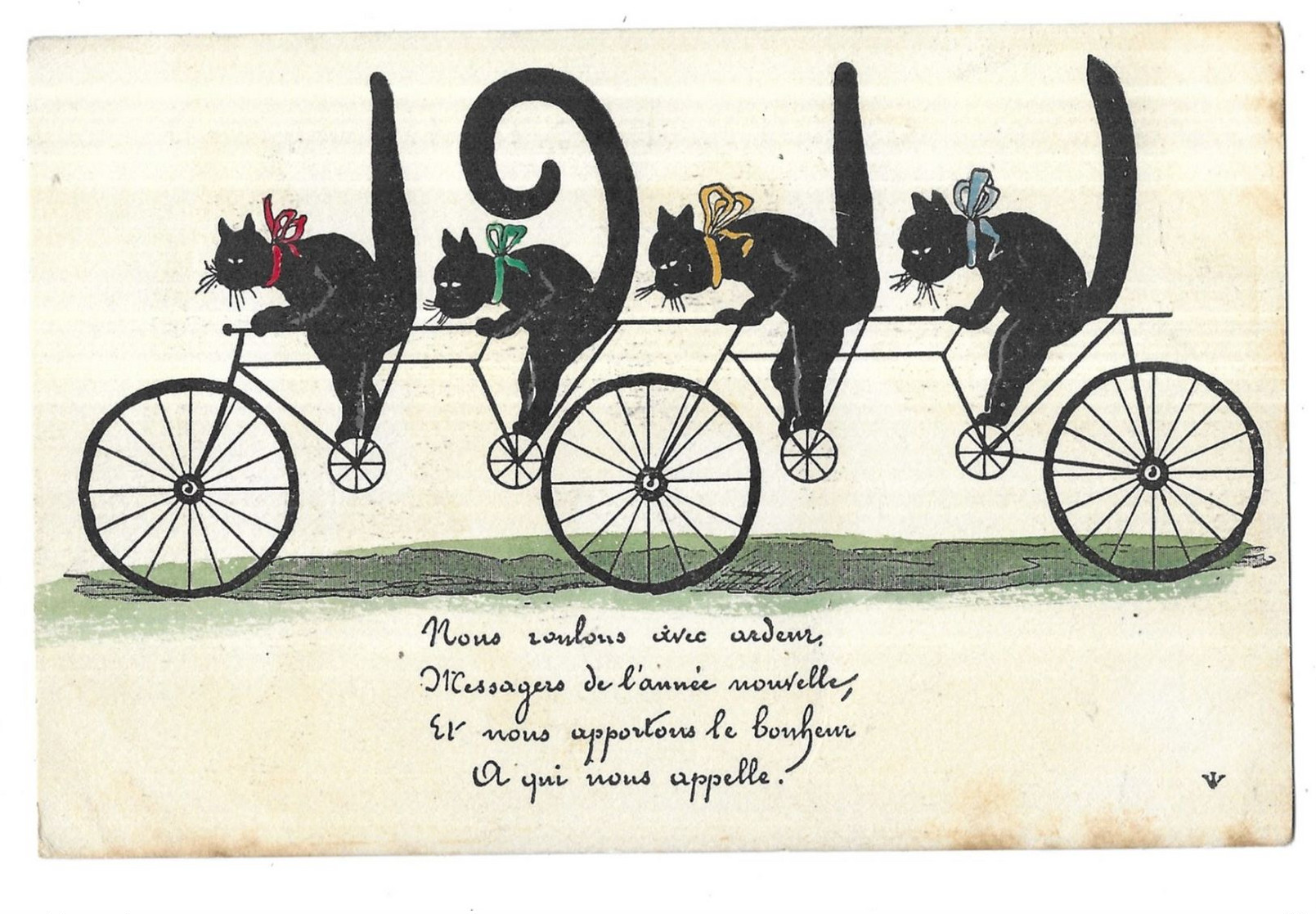 Illustration Peu Commun Chats Humanisés Faisant Du Vélo Année 1911 - Cats