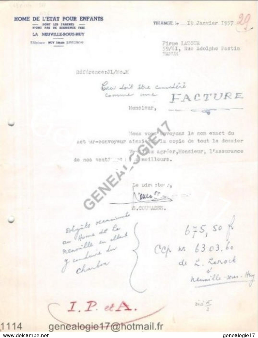 N 96 BELGIQUE TIHANGE LA NEUVILLE SOUS HUY 1957 HOME DE L ETAT POUR ENFANTS  Parents Sans Residence Fixe Signé COUNASSE - Automovilismo