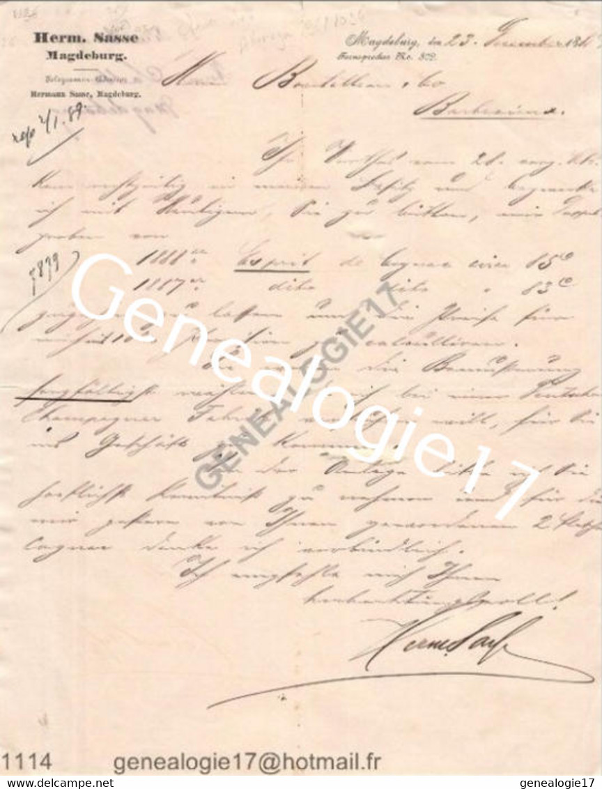 N 96 ALLEMAGNE DEUTSCHLAND MAGDEBURG 1885  Ets HERMANN SASSE à BOUTELLEAU De BARBEZIEUX - 1800 – 1899