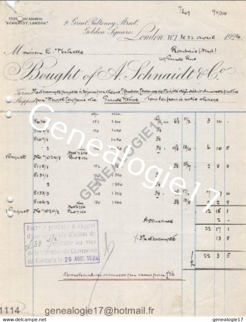 N 96 ANGLETERRE ENGLAND LONDRES LONDON 1924 BOUGHT OF A. SCHNAIDT  à VERHELLE LEROY De ROUBAIX - Royaume-Uni