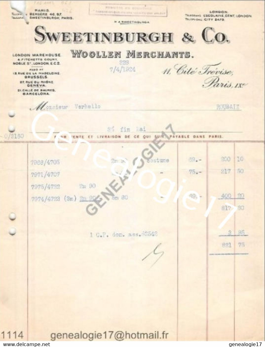 N 96 ANGLETERRE ENGLAND LONDRES LONDON 1924 SWEETINBURGH Co Et PARIS Cité Trevisse Wollen Merchants à VERHELLE LEROY - Royaume-Uni