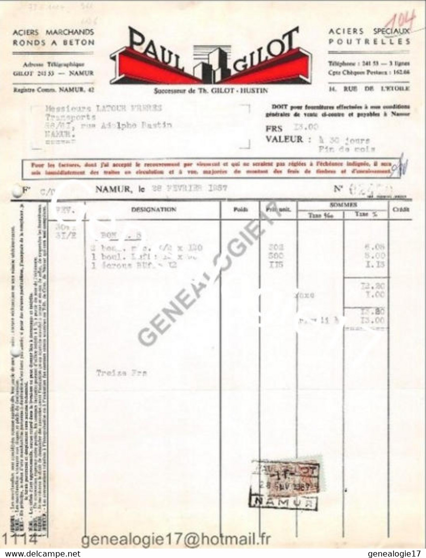 N 96 BELGIQUE BELGIUM NAMUR 1957 Aciers Marchands PAUL GILOT Succ HUSTIN Rue De L Etoile à LATOUR - Électricité & Gaz