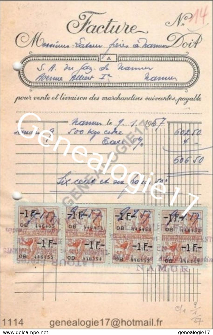 N 96 BELGIQUE BELGIUM ANVERS 1957 SA DU GAZ DE NAMUR Avenue Albert 1er - Documents