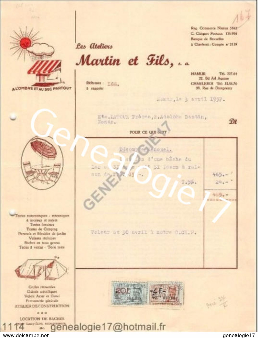 N 96 BELGIQUE BELGIUM ANVERS 1957 Parasols Tentes LES ATELIERS MARTIN ET FILS Bd Ad Aquam à LATOUR - Automobile