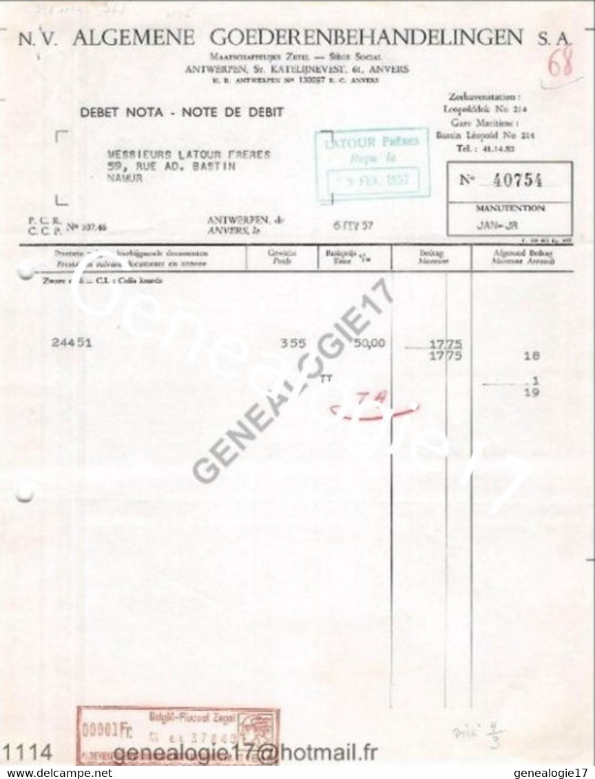 N 96 BELGIQUE BELGIUM ANVERS 1957 N.V ALGEMENE GOEDERENBEHANDELINGEN ANTWERPEN  à LATOUR De NAMUR - Verkehr & Transport