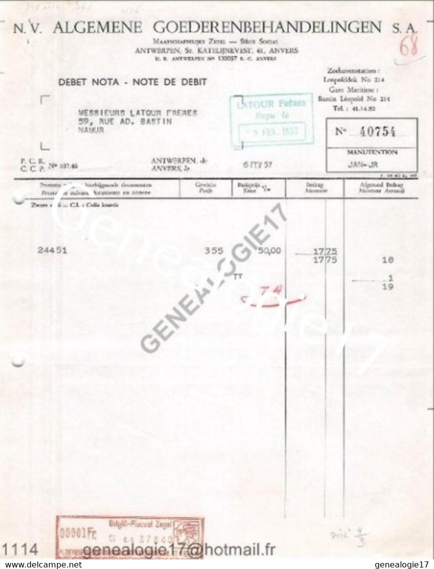 N 96 BELGIQUE BELGIUM ANVERS 1957 N.V ALGEMENE GOEDERENBEHANDELINGEN ANTWERPEN  à LATOUR De NAMUR - Transportmiddelen