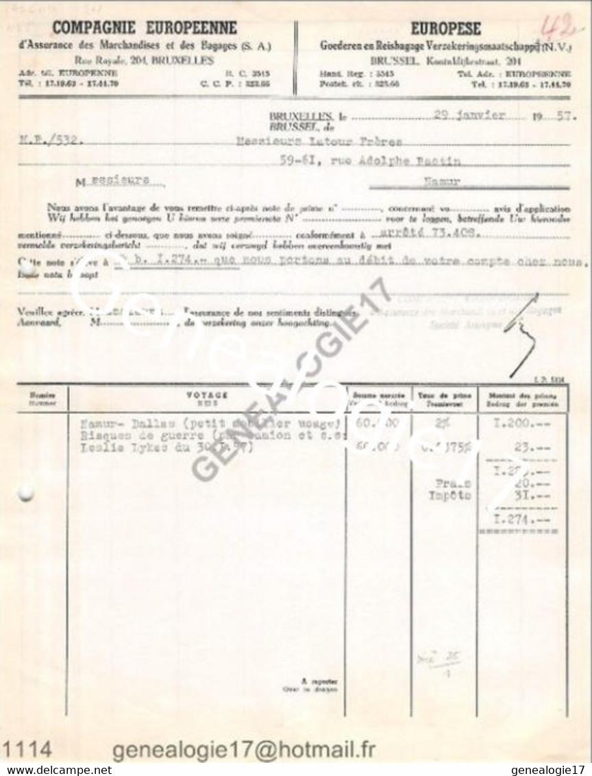 N 96 BELGIQUE BELGIUM BRUXELLES BRUSSEL Cie EUROPEENNE D ASSURANCE DES MARCHANDISES ET BAGAGES - 1950 - ...