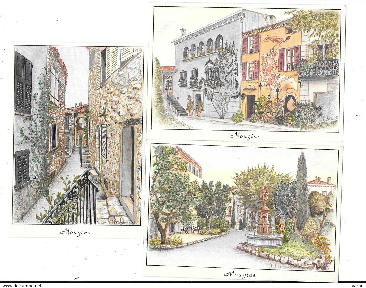 3 Dessins ORIGINAUX AQUARELLE/GOUACHE  Par D.OCCHIMINUTI - Projet Carte Postale COMBIER Macon - MOUGINS   (Alpes-Mmes) - Dessins