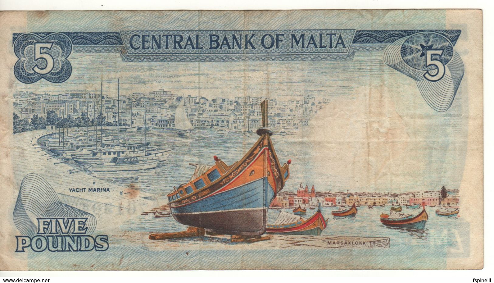 MALTA  5 Liri/Pounds  P32b   ( L. 1967 - 1973)   Map Of Malta - Yacht Marina, Marsaxlokk On Back - Malte