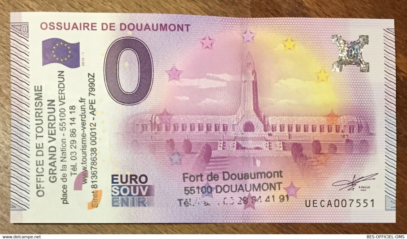 2015 BILLET 0 EURO SOUVENIR DPT 55 OSSUAIRE DE DOUAUMONT + TAMPON ZERO 0 EURO SCHEIN BANKNOTE PAPER MONEY - Private Proofs / Unofficial