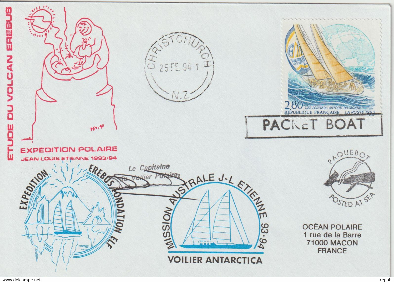 France 1994 Mission Australe J L Etienne Escale Nlle Zélande - Schiffspost