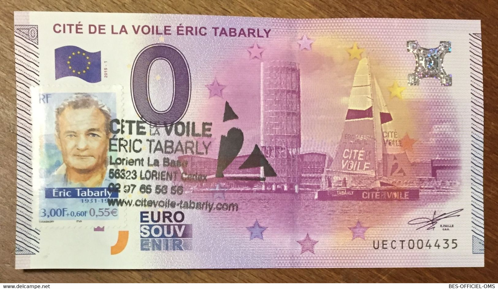 2015 BILLET 0 EURO SOUVENIR DPT 56 CITÉ DE LA VOILE ÉRIC TABARLY + TIMBRE ZERO 0 EURO SCHEIN BANKNOTE PAPER MONEY - Essais Privés / Non-officiels