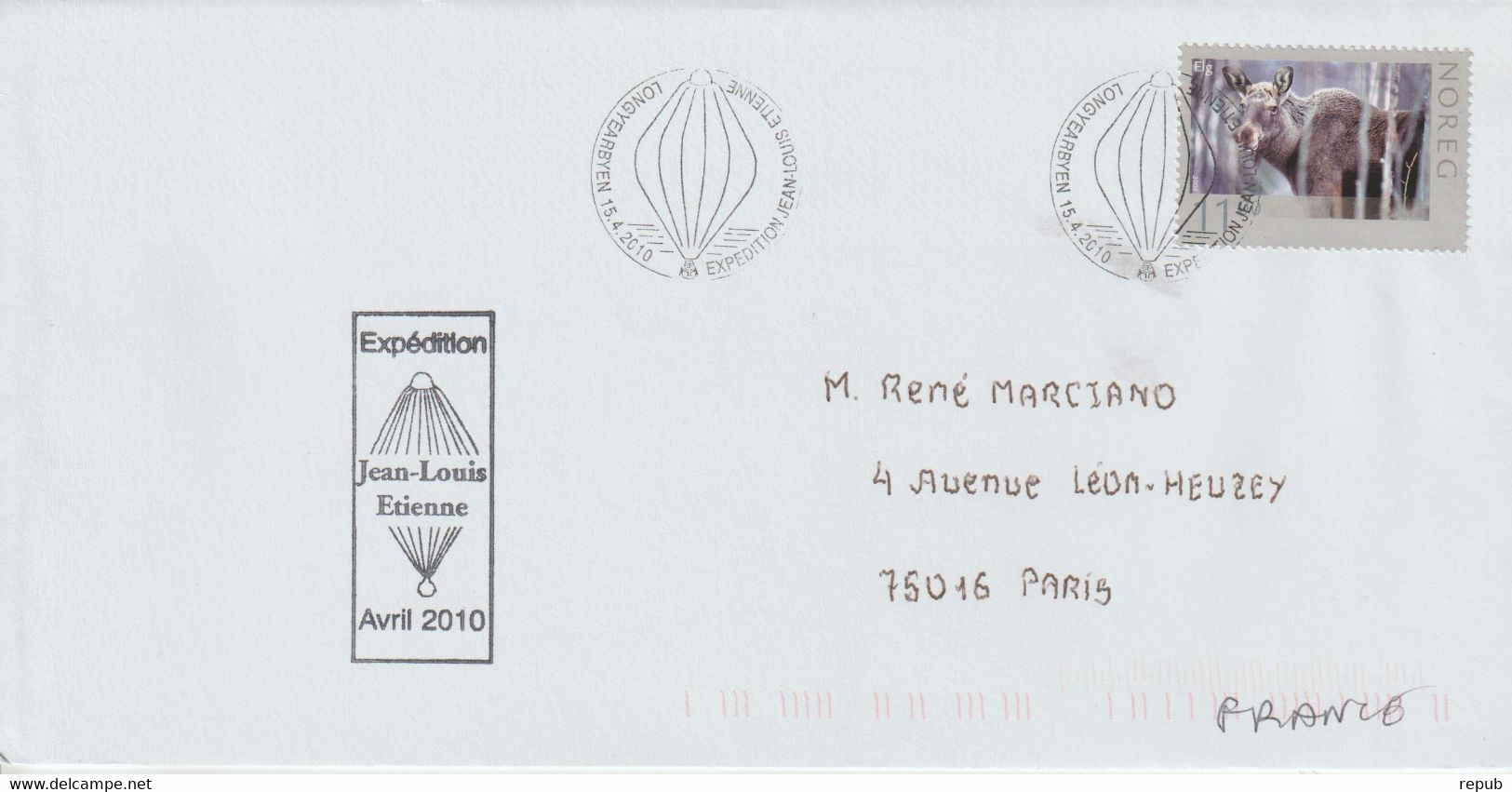 Norvège Lettre 2010 Pour La France Avec Cachet Mission J L Etienne - Briefe U. Dokumente