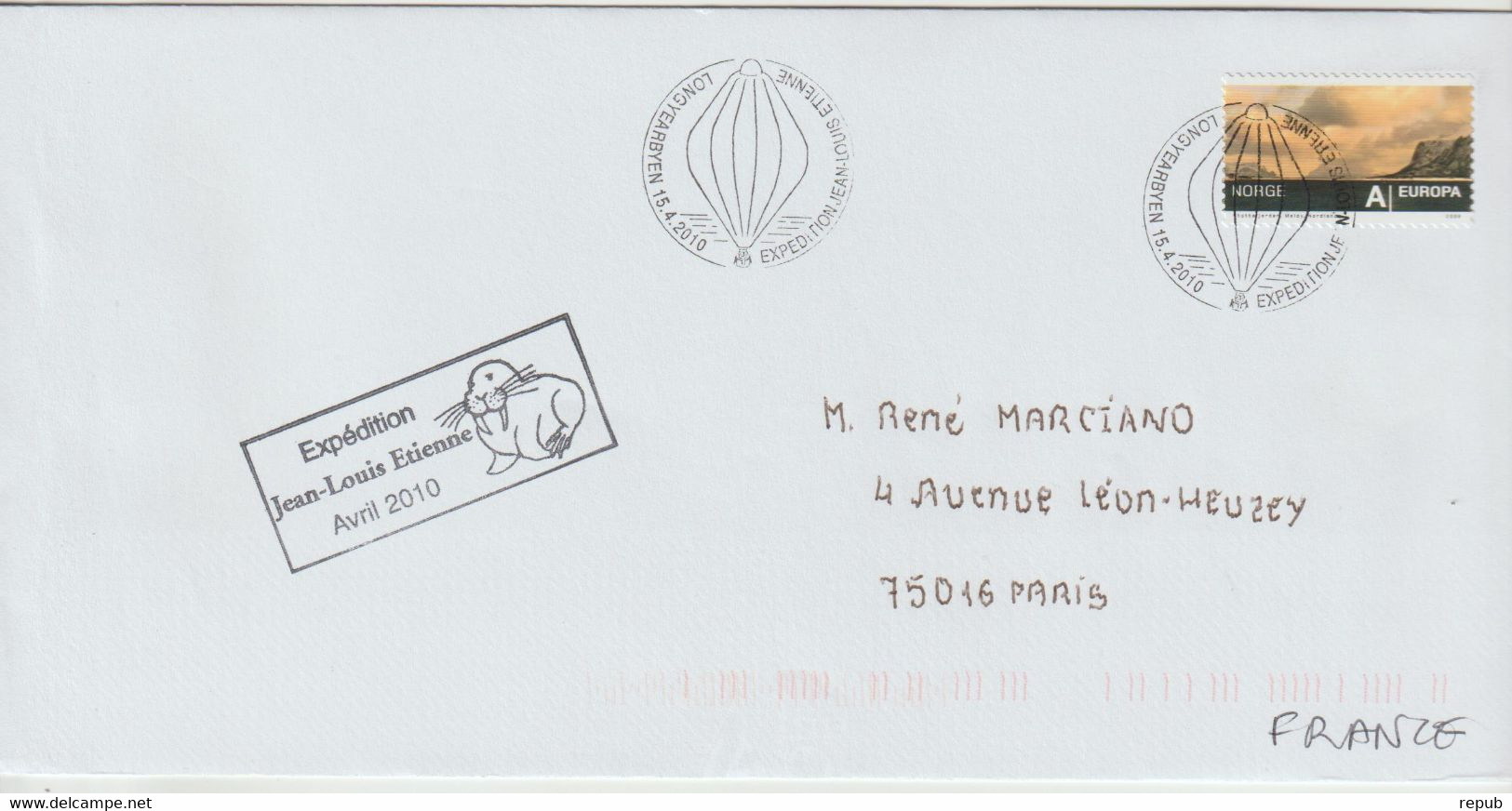 Norvège Lettre 2010 Pour La France Avec Cachet Mission J L Etienne - Brieven En Documenten