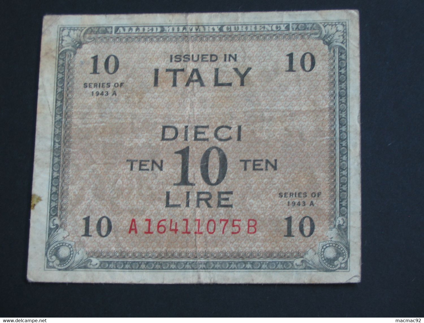 10 Dieci Lire Italy 1943 .- Allied Military Currency - Série 1943 **** EN ACHAT IMMEDIAT **** - Occupation Alliés Seconde Guerre Mondiale