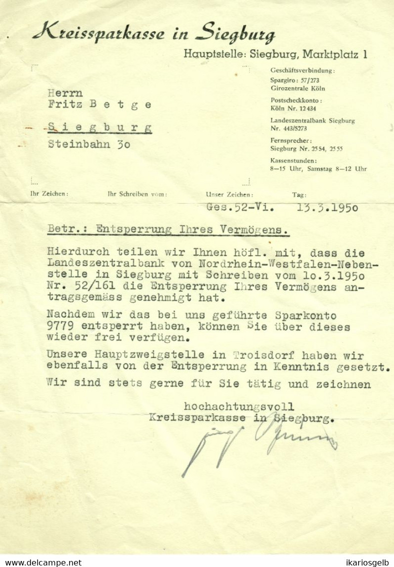 Siegburg 1950 Rechnung /Kopf " Kreissparkasse Entsperrung Vermögen Nachkrieg " - Bank En Verzekering