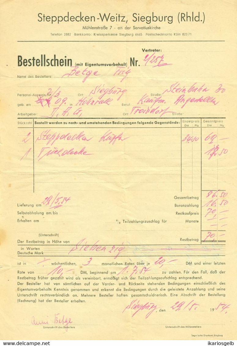 Siegburg 1954 Rechnung /Kopf " Steppdecken Weitz Mühlenstr. 7 " - Kleidung & Textil