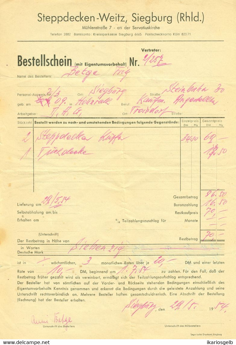 Siegburg 1954 Rechnung /Kopf " Steppdecken Weitz Mühlenstr. 7 " - Textile & Vestimentaire