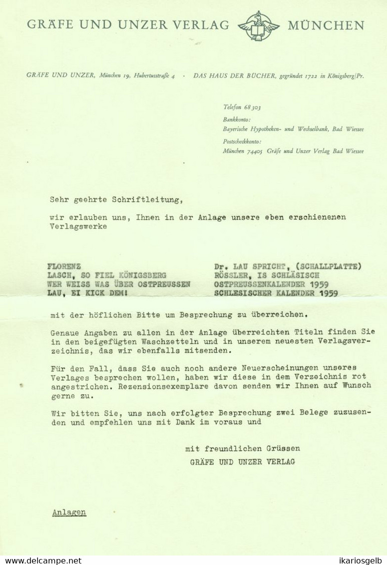 München 1959 Rechnung /Kopf " Gräfe & Unzer Verlag " - Imprimerie & Papeterie