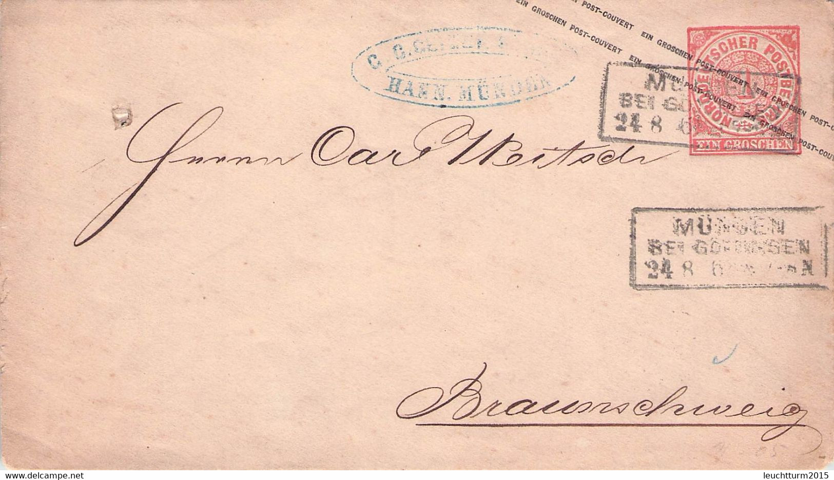 NORDDT. POSTBEZIRK - GANZSACHE EIN GROSCHEN 1869 MÜNDEN > BRAUNSCHWEIG /AA74 - Postal  Stationery